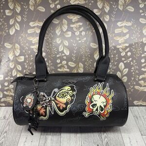 Ed Hardy Y2K Butterfly Barrel Tote Shoulder Bag Skull Charm Black 2000s Grunge